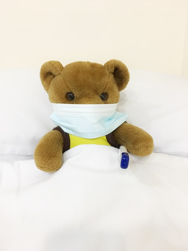 teddy who is sick in bed